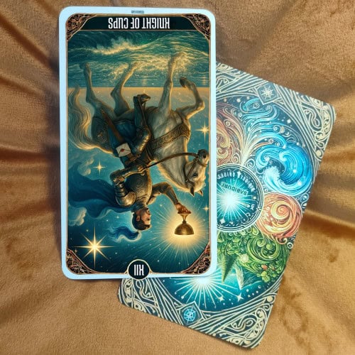 Knight of Cups Tarot Meaning - Minor Arcana Tarot Card Meanings Photograph of the Knight of Cups tarot card in reversed position, placed on top of another decorative tarot card with swirling elemental artwork. The card shows a knight riding a horse while holding a cup, but upside down, symbolizing the reversed Knight of Cups meaning such as illusions, disappointment, or emotional instability.