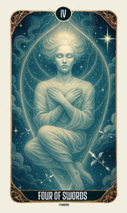 Tarot 4 of Swords Card Meaning - Minor Arcana Tarot Card Meanings Four of Swords tarot card meaning — an ethereal figure rests in a glowing cocoon of light, representing healing, meditation, and peace after turmoil.