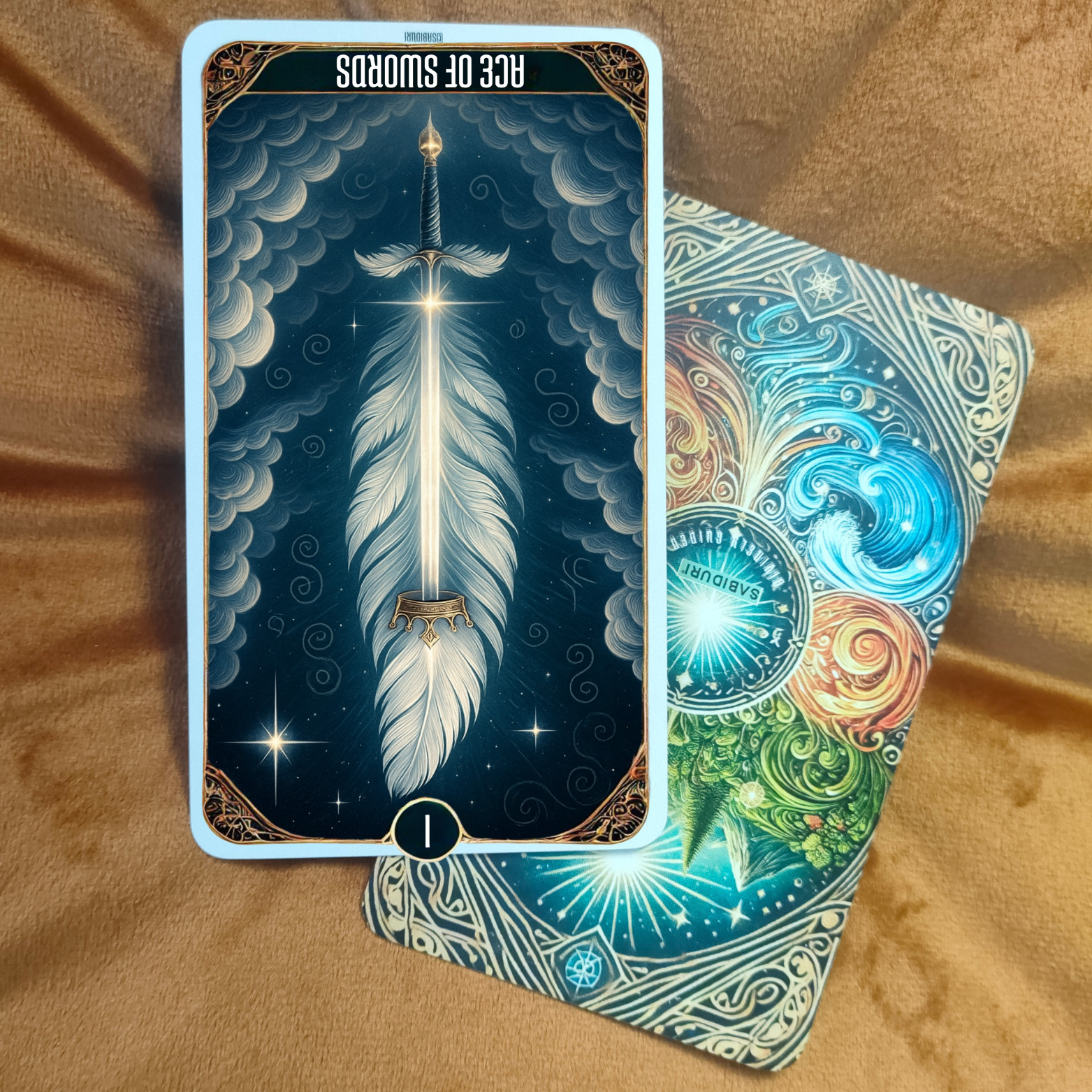 A reversed Ace of Swords tarot card placed on a soft golden fabric, showing an ornate sword emerging from a white feather against a dark sky filled with stars and clouds. Represents confusion, miscommunication, and inner reflection in the Ace of Swords tarot card meaning.