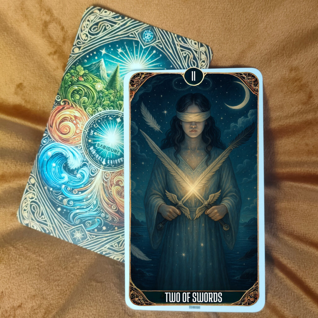 Two of Swords tarot card meaning depicting a blindfolded woman with two crossed swords under a crescent moon, representing balance, reflection, and inner stillness before decision-making.