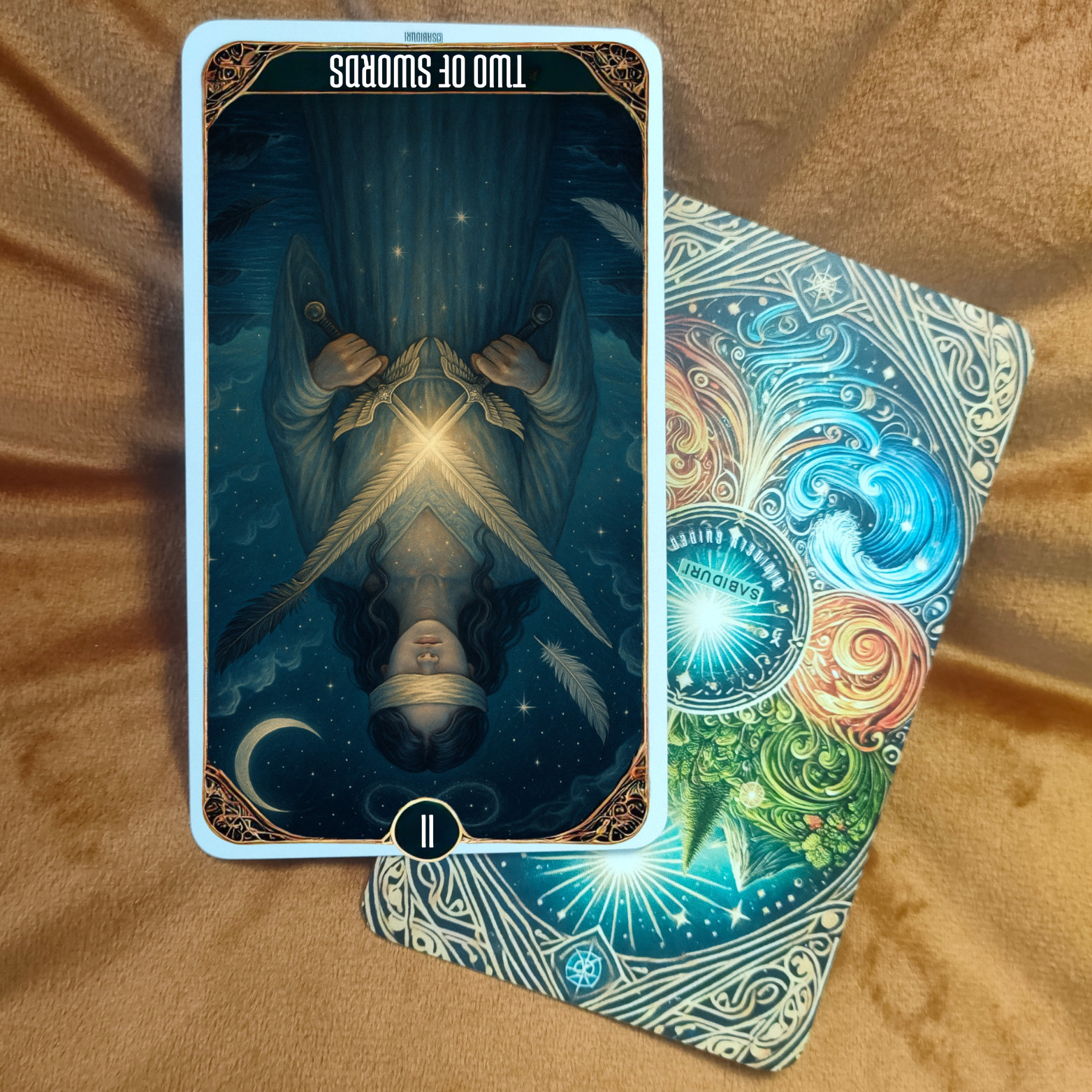 Reversed Two of Swords tarot card meaning showing a blindfolded woman holding two crossed swords with a glowing light, symbolizing confusion, indecision, and the need for clarity.