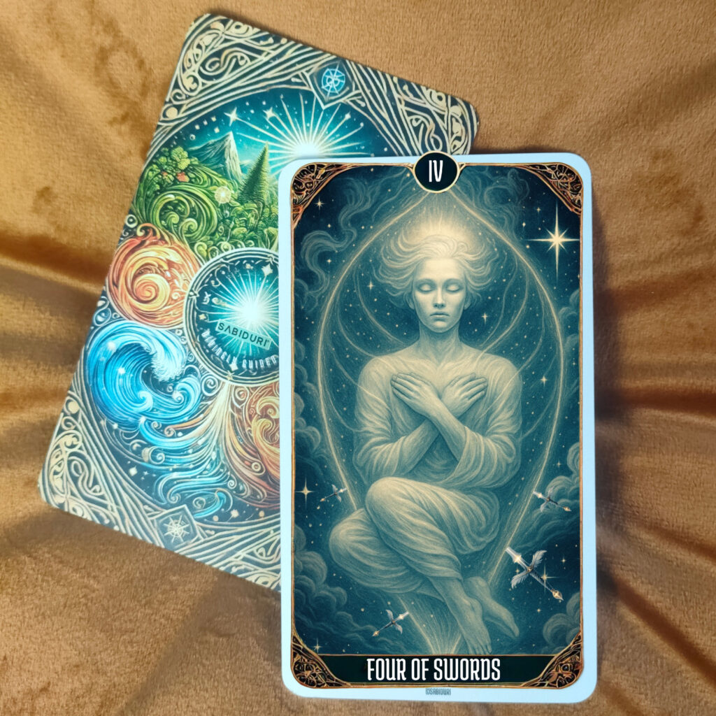 Upright Four of Swords tarot card meaning — a serene figure lies in peaceful stillness, symbolizing rest, recovery, and spiritual renewal after struggle.