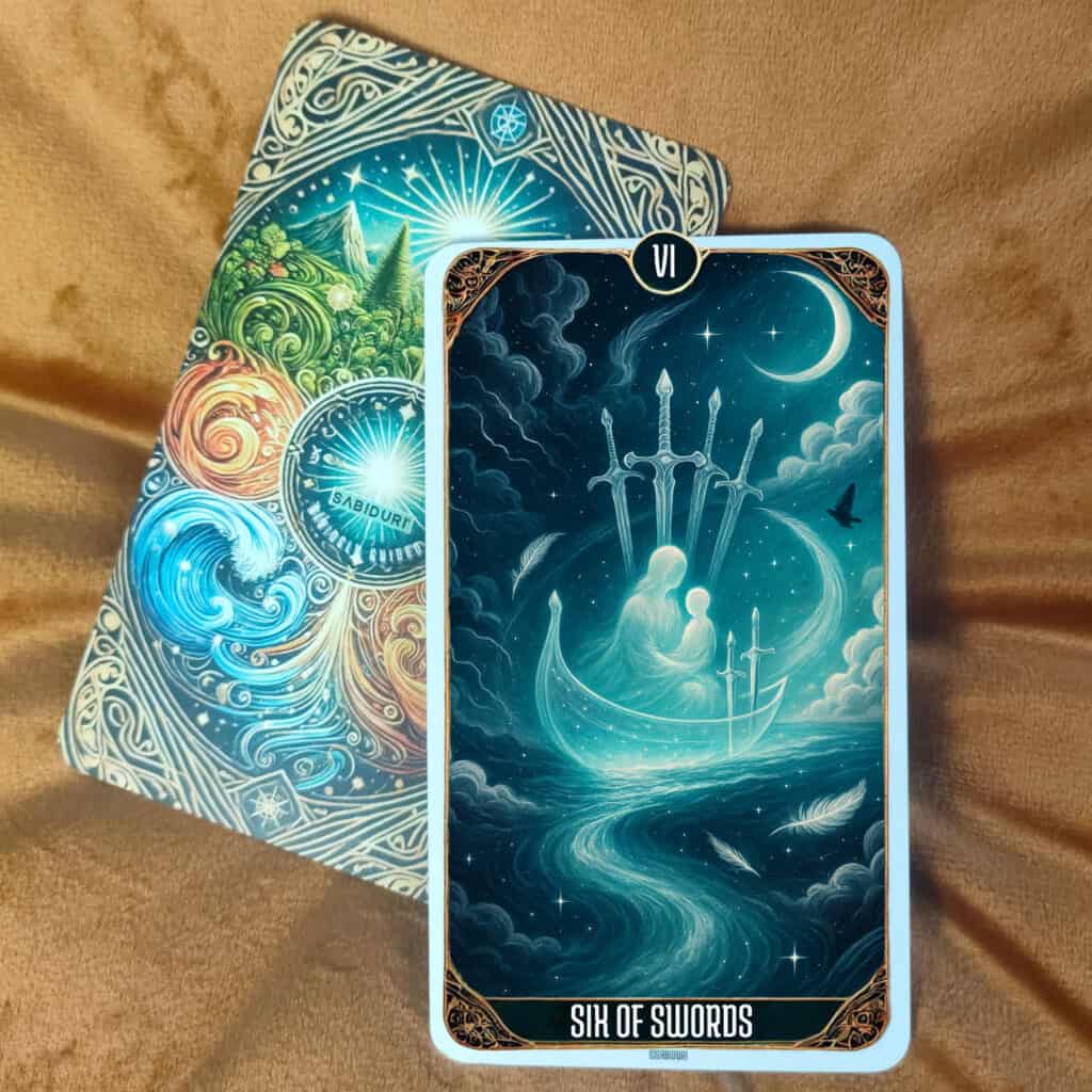 An upright Six of Swords tarot card depicting a woman and child in a glowing boat sailing under a crescent moon, representing peace after struggle and transition toward clarity — the essence of the Six of Swords tarot meaning.