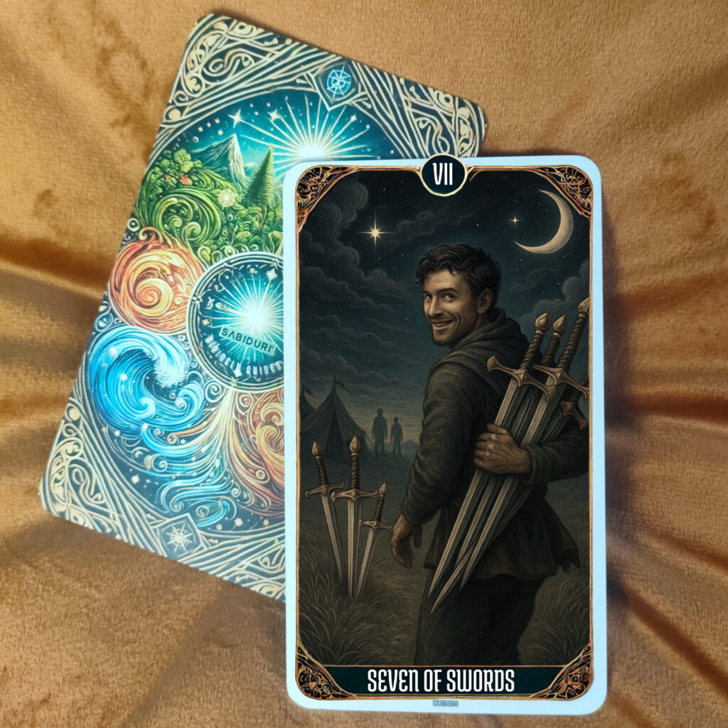 Illustration of the Seven of Swords tarot card showing a man sneaking away with five swords under a crescent moon, symbolizing strategy, deception, and cleverness — key to understanding the Seven of Swords tarot meaning.