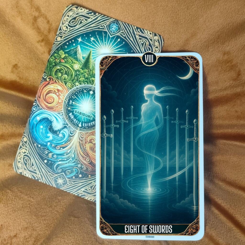 Upright Eight of Swords tarot card featuring a blindfolded ethereal figure surrounded by eight swords under a crescent moon, representing self-imposed restriction and the path toward awareness in the Eight of Swords tarot meaning.