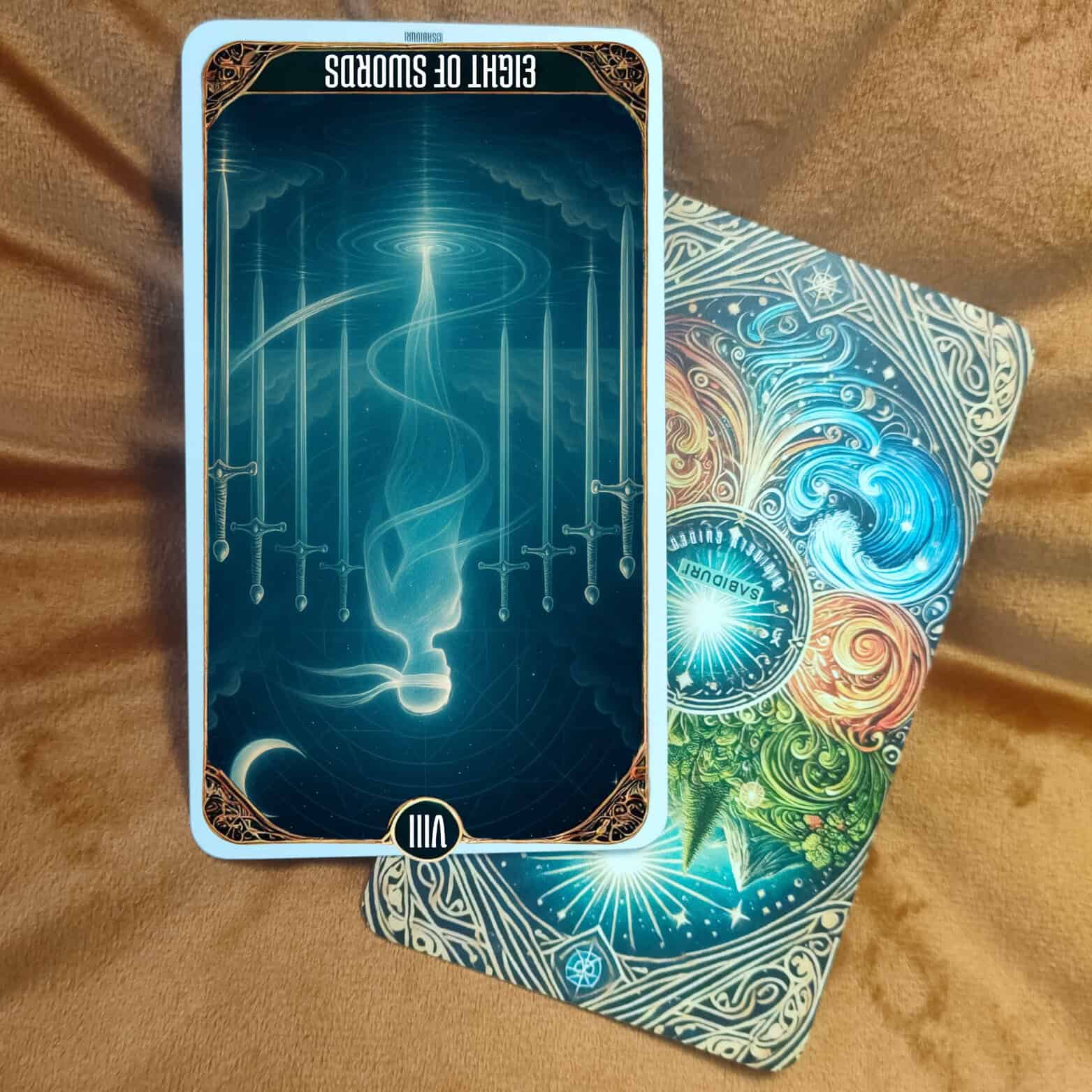 8 of Swords Tarot Card Meaning - Minor Arcana Tarot Card Meanings Reversed Eight of Swords tarot card showing a luminous spirit rising upward through eight suspended swords, symbolizing liberation, clarity, and freedom from fear — a key theme in the Eight of Swords tarot meaning.