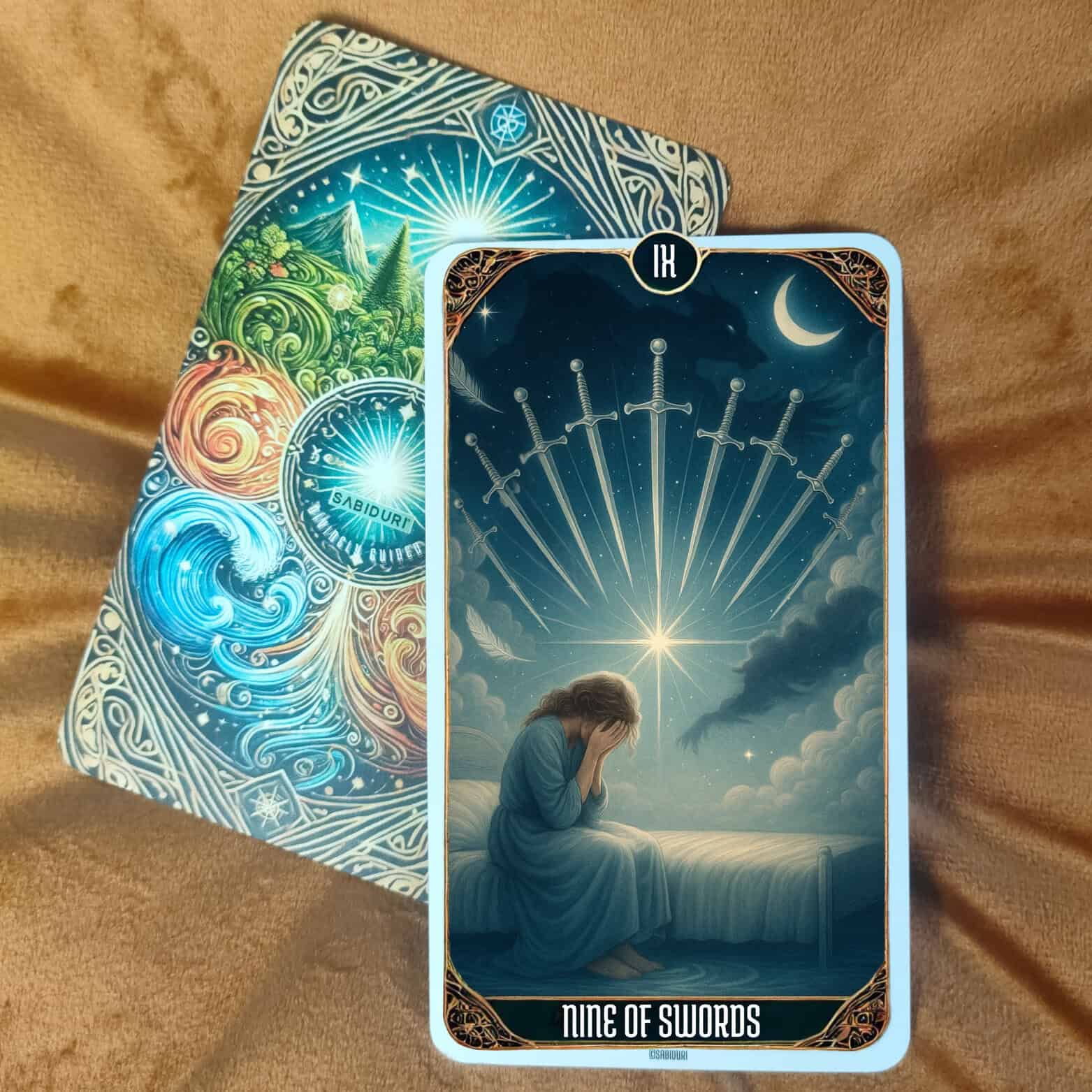 Tarot Card Meanings List: All Complete 78 Cards Nine of Swords tarot meaning card upright, featuring a woman covering her face beneath nine swords, reflecting overthinking, fear, and the journey toward light and awareness.
