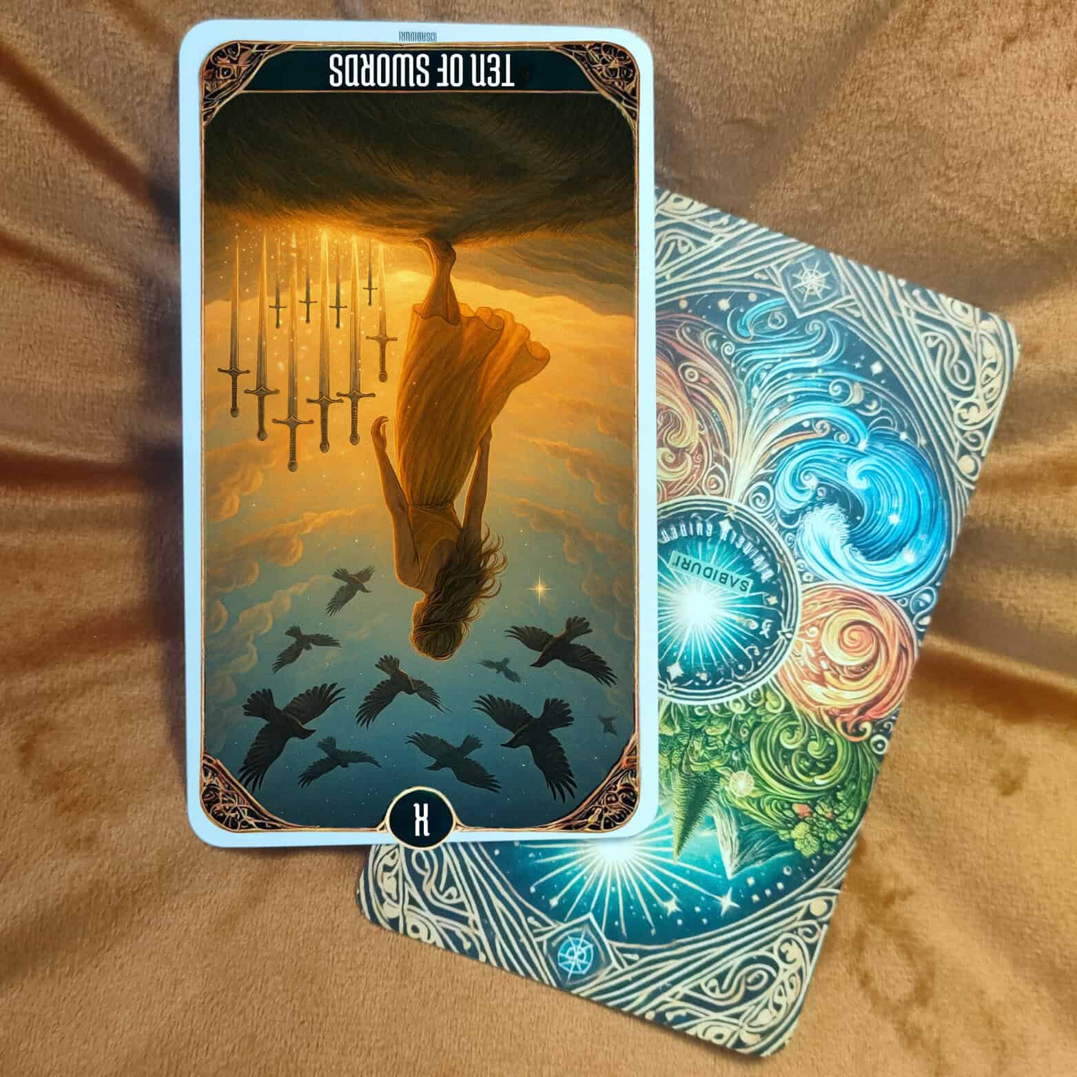 Ten of Swords Tarot Card Meaning - Minor Arcana Tarot Card Meanings “Ten of Swords tarot meaning reversed card showing a woman upside down above ten falling swords, representing recovery, healing, and the release of pain.”