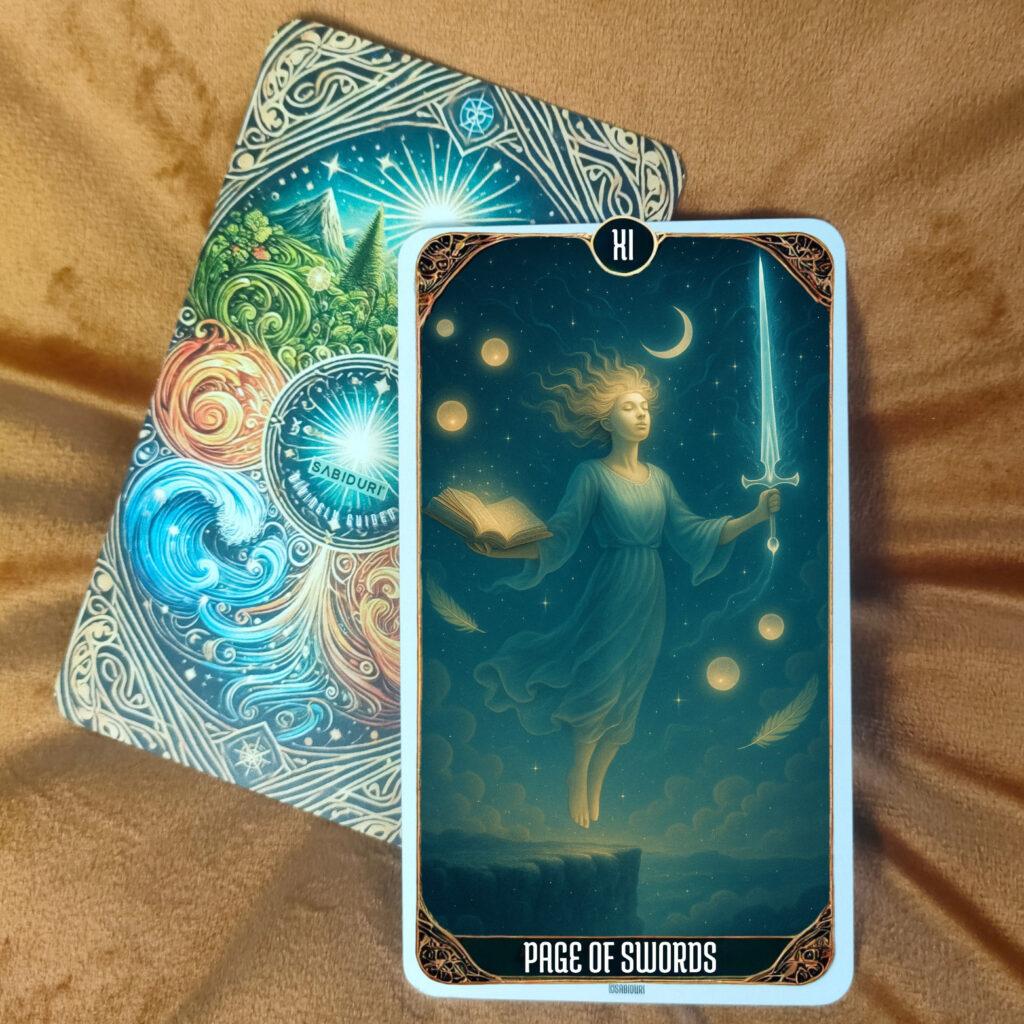 Upright Page of Swords tarot meaning represented by a young figure holding a glowing sword and book beneath the stars, symbolizing curiosity, truth, and clear communication.
