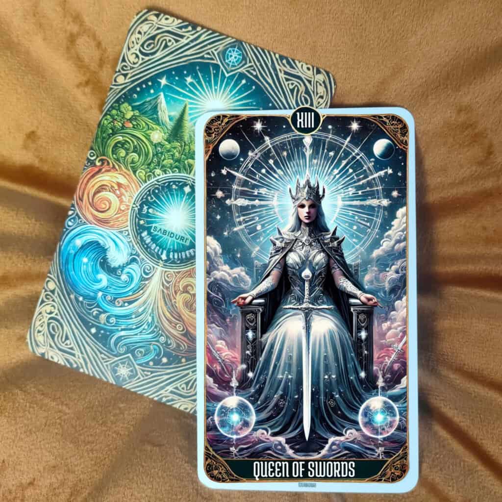 Upright Queen of Swords tarot meaning featuring a majestic queen holding her sword upright, surrounded by celestial energy—symbolizing wisdom, honesty, and discernment