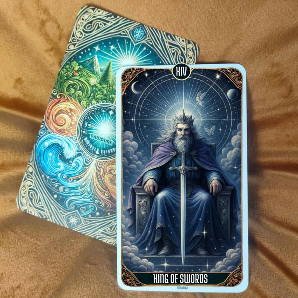 Alt text: King of Swords tarot meaning shown upright, depicting a wise ruler seated on a throne beneath the stars, representing truth, clarity, and intellectual authority.