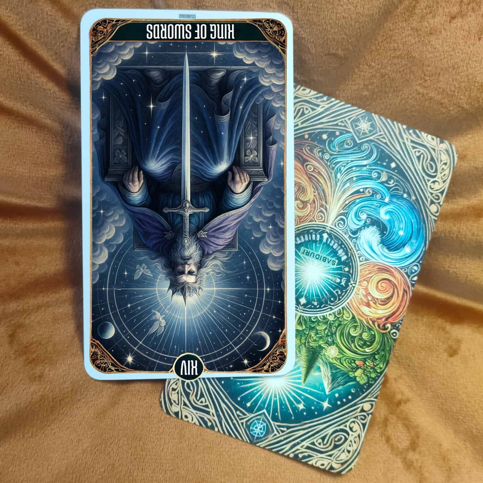 King of Swords Meaning Tarot - Minor Arcana Tarot Card Meanings Alt text: King of Swords tarot meaning illustrated in reversed position, showing the King holding an upright sword against a celestial background, symbolizing misuse of intellect and imbalance of power.