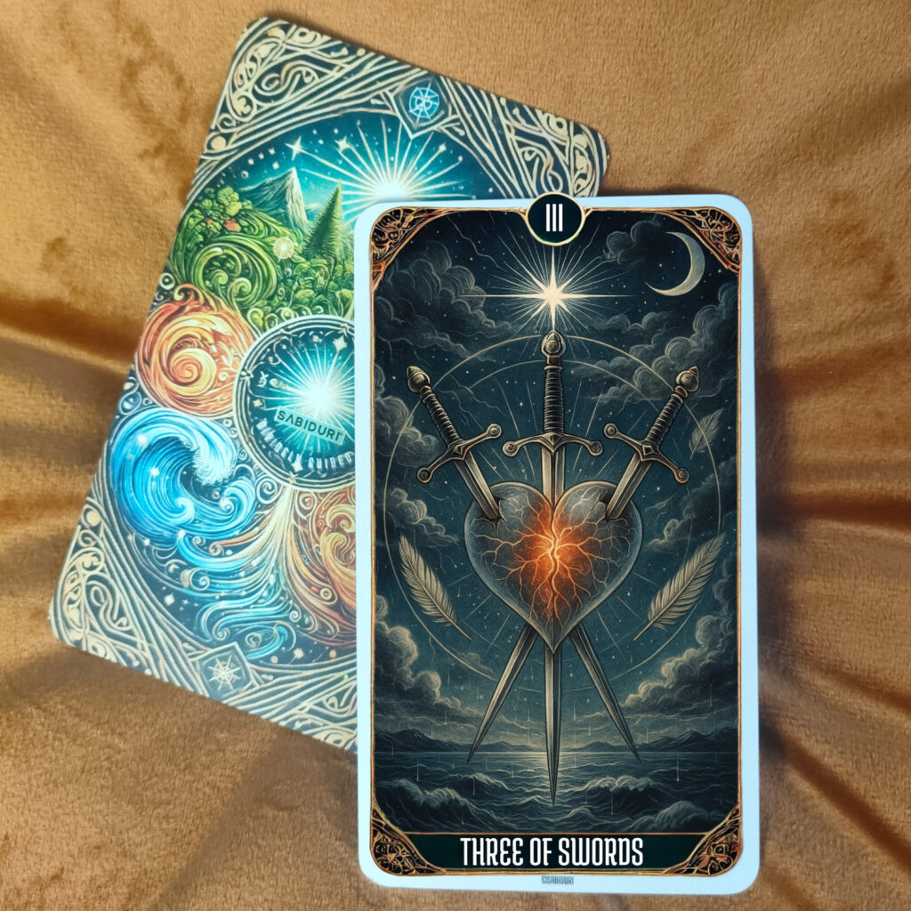 Artistic depiction of the Three of Swords tarot card meaning, featuring a glowing heart struck by three swords under clouds and moonlight, symbolizing emotional pain, spiritual awakening, and healing after sorrow.