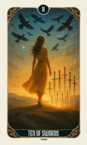 Ten of Swords Tarot Card Meaning - Minor Arcana Tarot Card Meanings “Ten of Swords tarot meaning depicted through a woman in a golden dress walking toward a horizon with ten swords behind her under a sky filled with crows, symbolizing surrender and rebirth.”