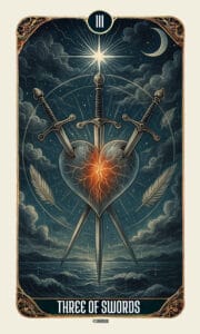 Close-up of the Three of Swords tarot card, showing a heart pierced by three swords beneath a stormy sky—an iconic image representing heartbreak and the transformative truth behind the Three of Swords tarot card meaning.