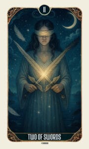 Two of Swords tarot card meaning illustration of a calm, blindfolded woman holding two glowing swords crossed before her heart beneath the moon, symbolizing reflection and duality.