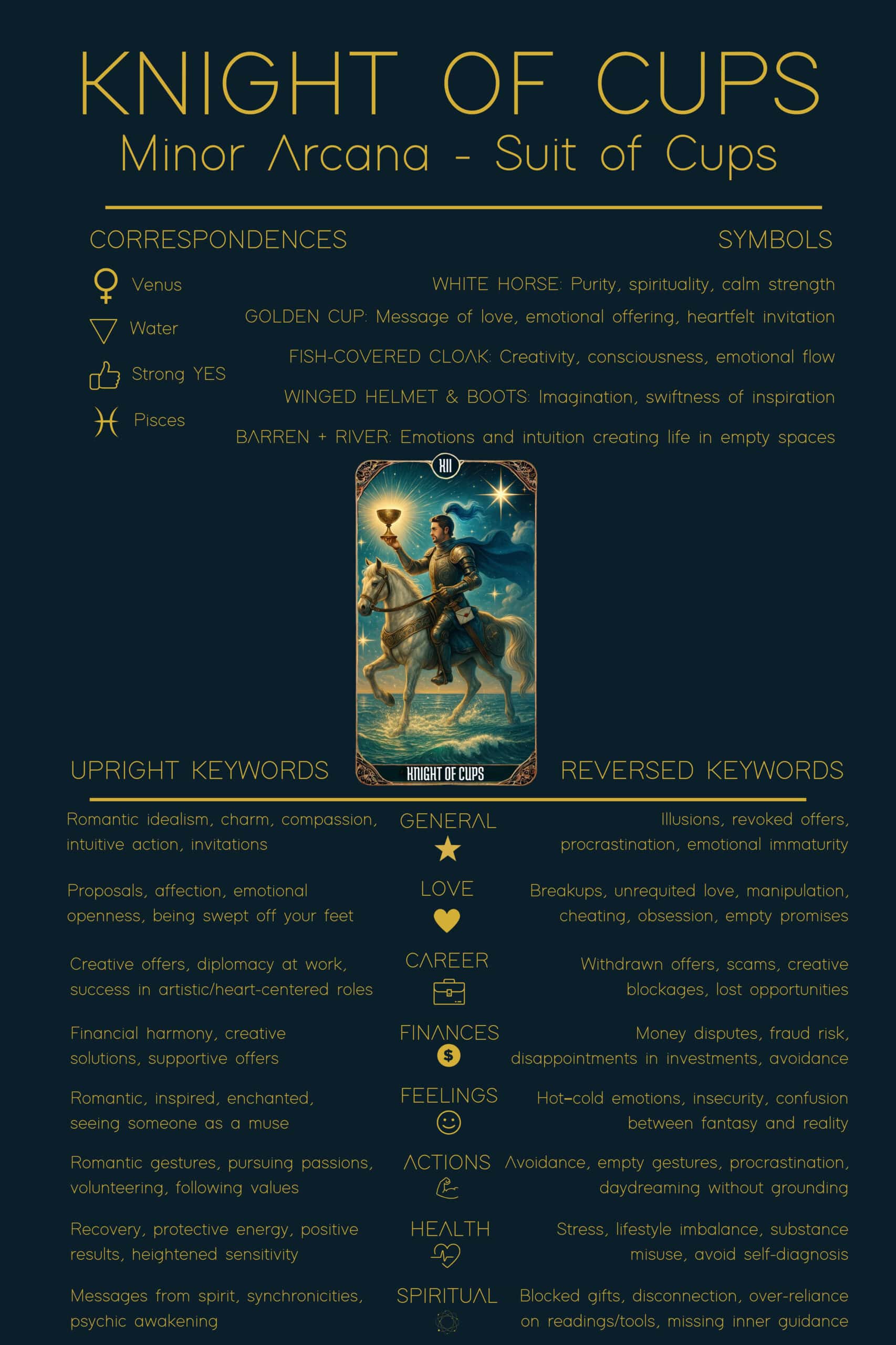 Knight of Cups Tarot Meaning - Minor Arcana Tarot Card Meanings Infographic sheet for the Knight of Cups tarot card from the Minor Arcana. It shows correspondences, symbols like the white horse, golden cup, and winged helmet, as well as upright and reversed keywords for general, love, career, finances, feelings, actions, health, and spiritual meanings. The design is styled in deep blue with gold text, offering a quick reference guide to the Knight of Cups tarot meaning.