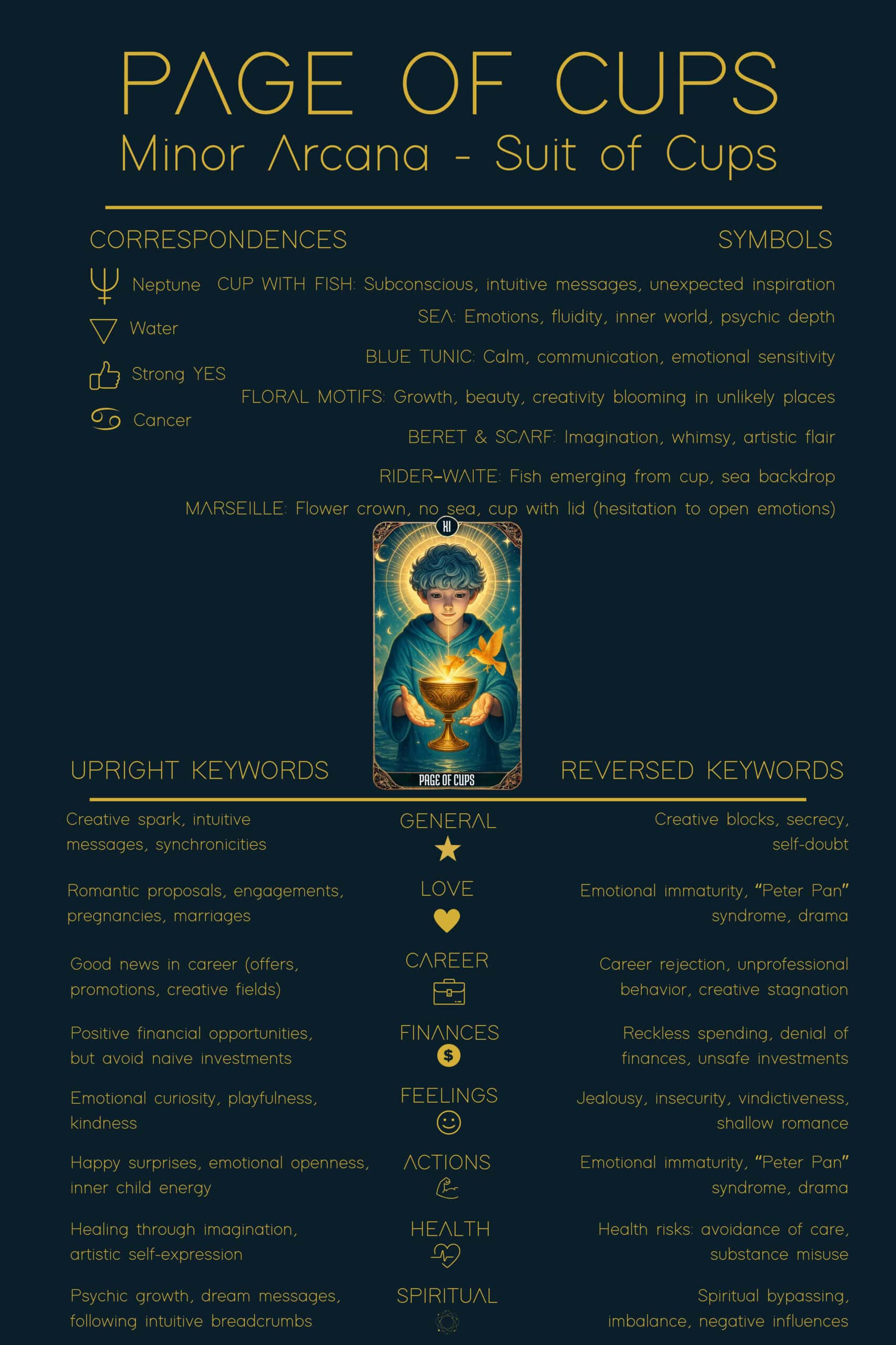 A digital cheat sheet for the Page of Cups tarot card from the Minor Arcana. It shows correspondences such as Neptune, Water, and Cancer, along with symbolic elements like the cup with fish, sea, blue tunic, floral motifs, and beret. The chart is divided into upright and reversed keywords, visually summarizing the Page of Cups tarot card meaning.