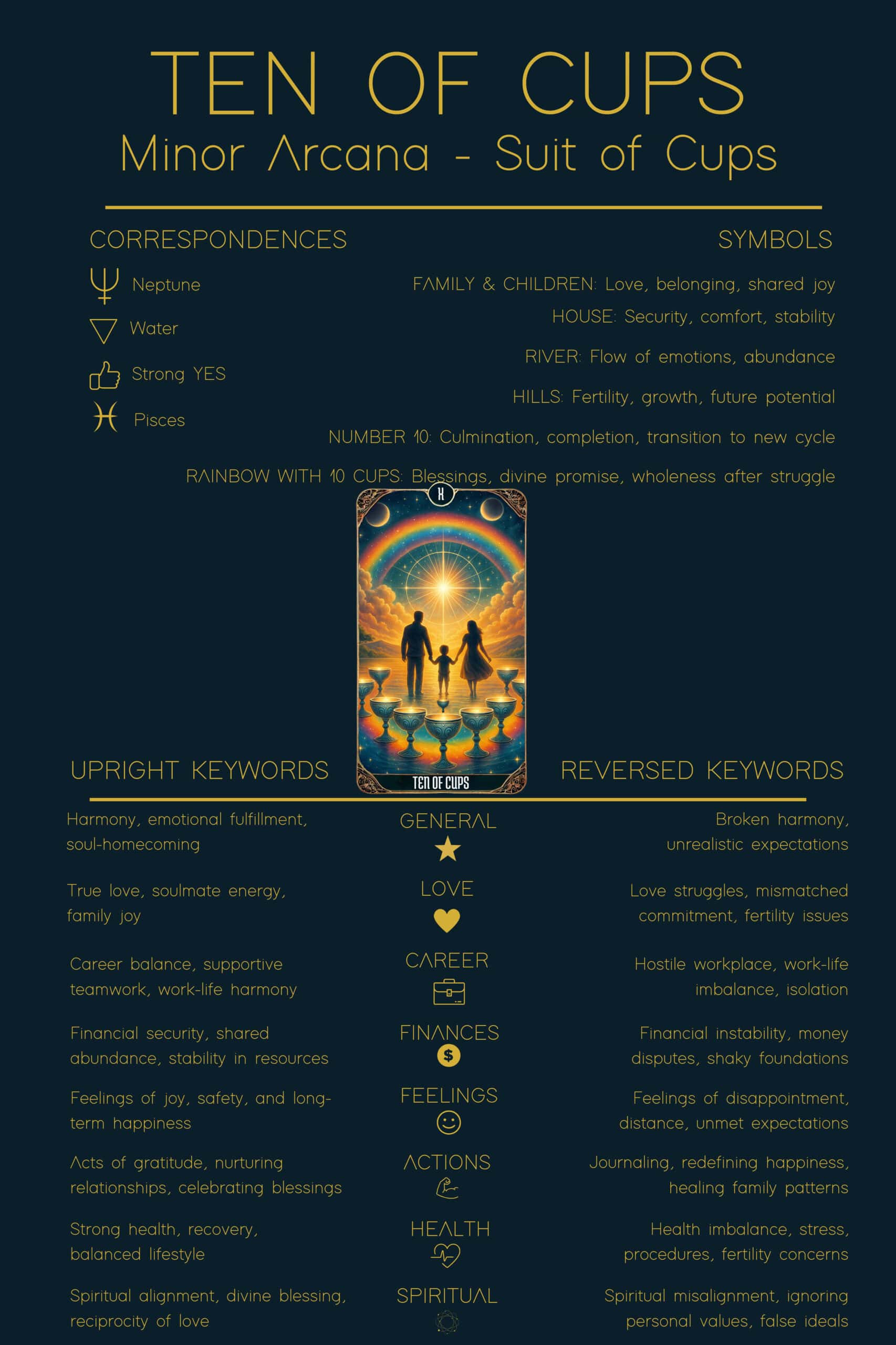 A tarot cheat sheet for the Ten of Cups card from the Minor Arcana. The design includes correspondences such as Neptune, Water, and Pisces, along with symbols like family, house, river, hills, and a rainbow of ten cups. The sheet lists upright and reversed keywords, summarizing the Ten of Cups tarot card meaning as harmony, family joy, and emotional fulfillment, or broken harmony and unmet expectations when reversed.