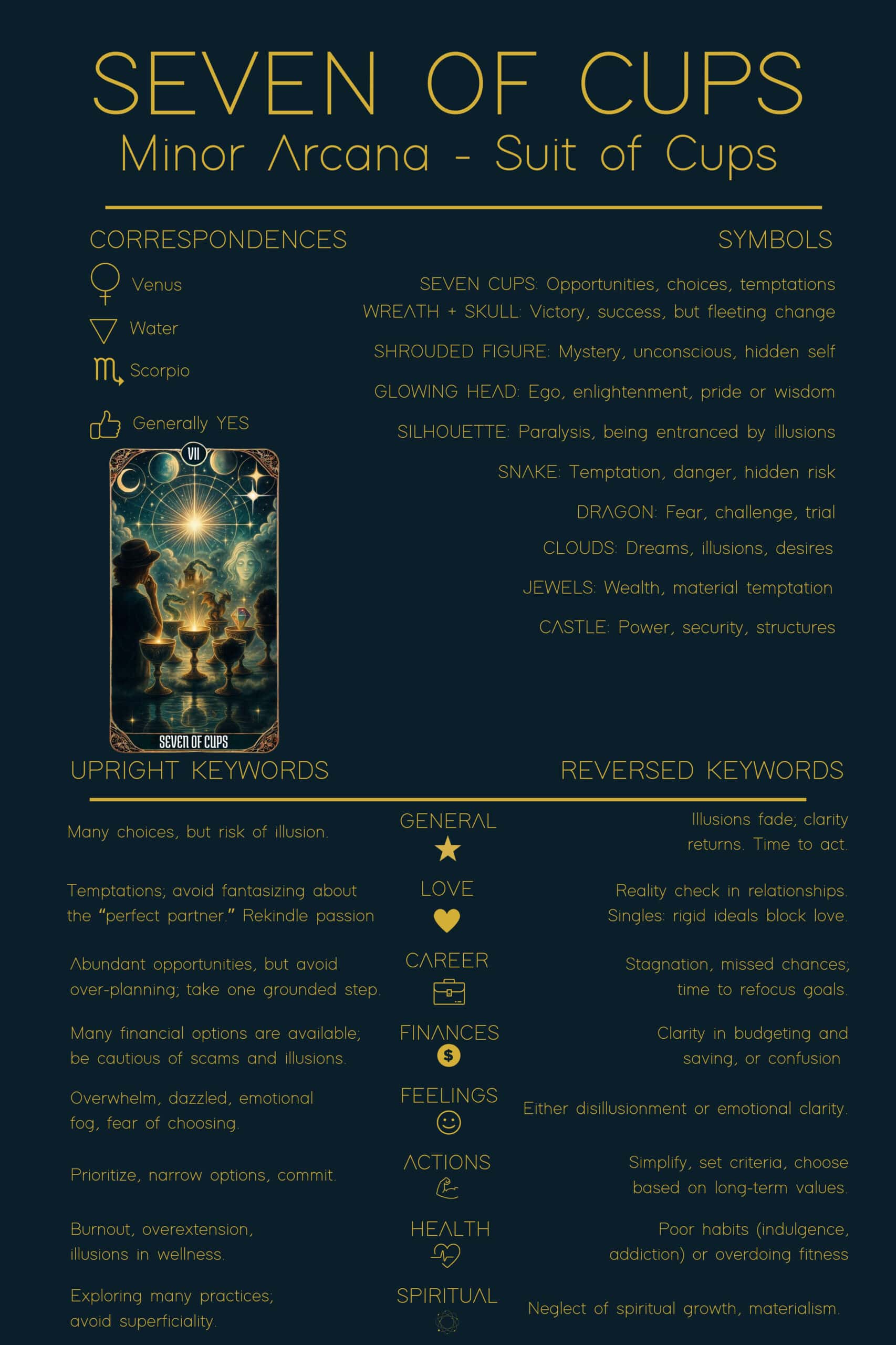 Tarot Seven of Cups Card Meaning - Minor Arcana Tarot Card Meanings Digital tarot cheat sheet for the Seven of Cups card. The design has a dark background with gold text, showing correspondences, symbols, upright and reversed keywords, and meanings for different life areas. In the center, a tarot card illustration of seven glowing cups appears against a cosmic sky. The sheet summarizes the Seven of Cups tarot card meaning with its themes of choices, illusions, and discernment.