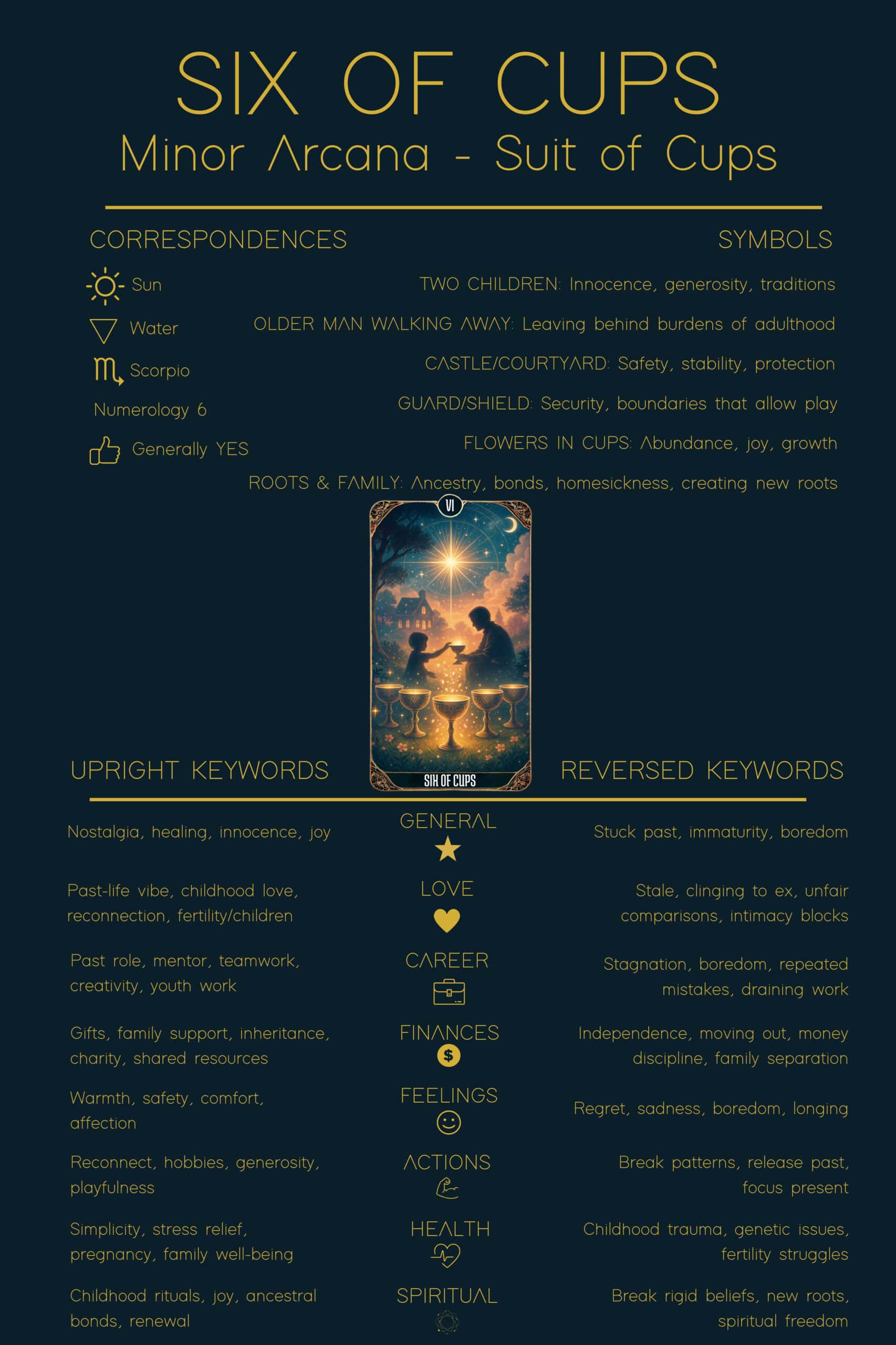 Six of Cups Tarot Card Meaning - Minor Arcana Tarot Card Meanings A Six of Cups tarot card infographic styled as a cheat sheet. It includes correspondences, symbols, and keywords for both upright and reversed meanings across general life, love, career, finances, feelings, actions, health, and spirituality.