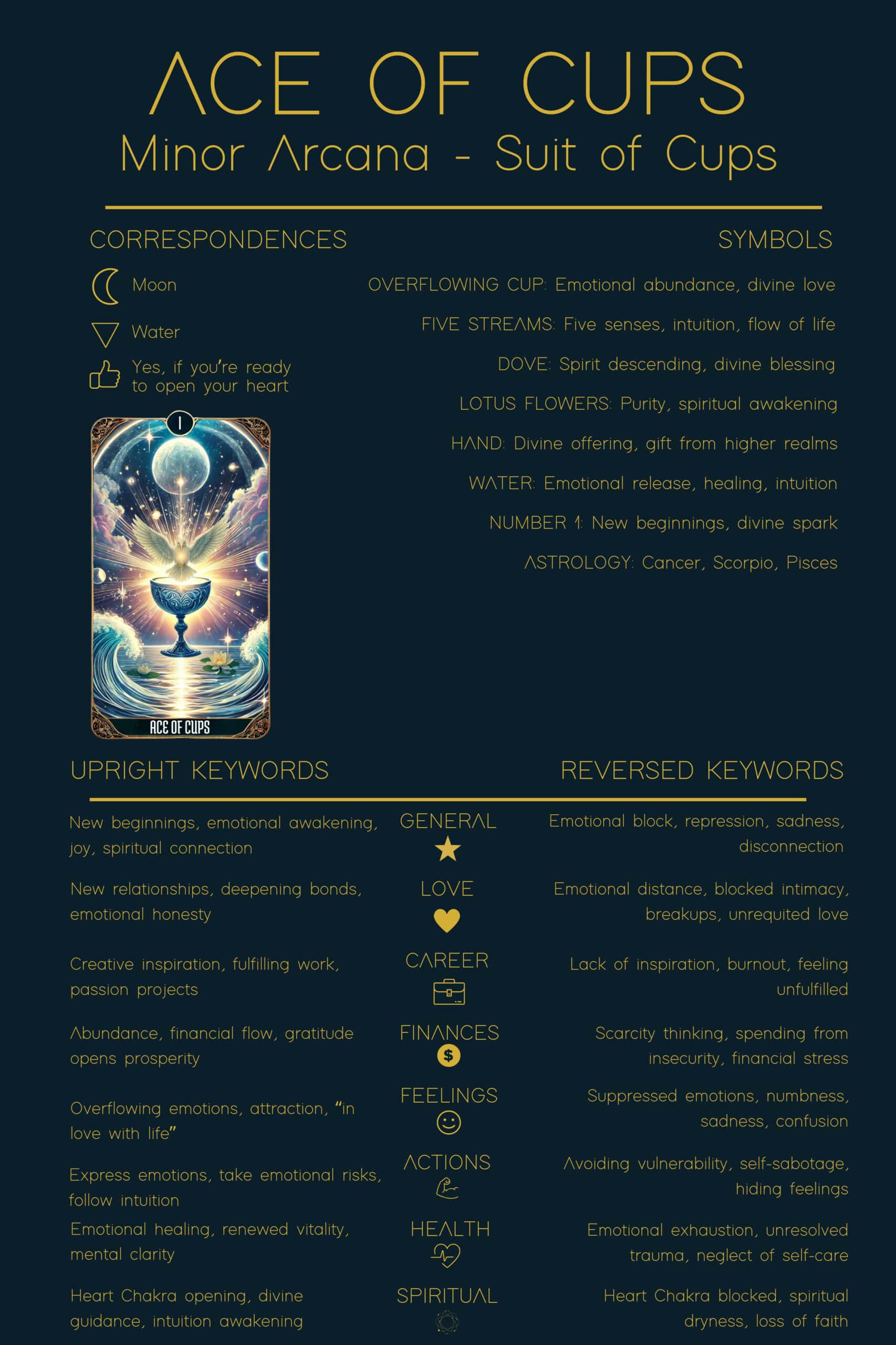 Ace of Cups Tarot Card Meaning - Minor Arcana Tarot Card Meanings Illustrated tarot cheat sheet for the Ace of Cups card, showing correspondences, symbols, and upright and reversed keywords. Designed as a quick reference guide for understanding the Ace of Cups tarot card meaning.