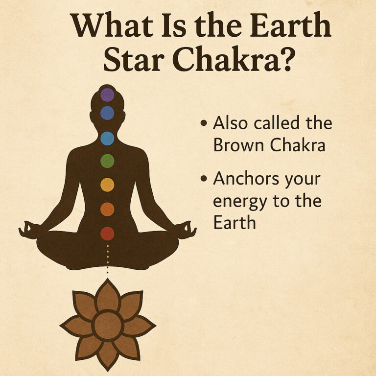 Educational graphic showing a meditating figure with chakra colors and a brown lotus below the feet, explaining that the Earth Star Chakra is also called the Brown Chakra and anchors energy to the Earth.