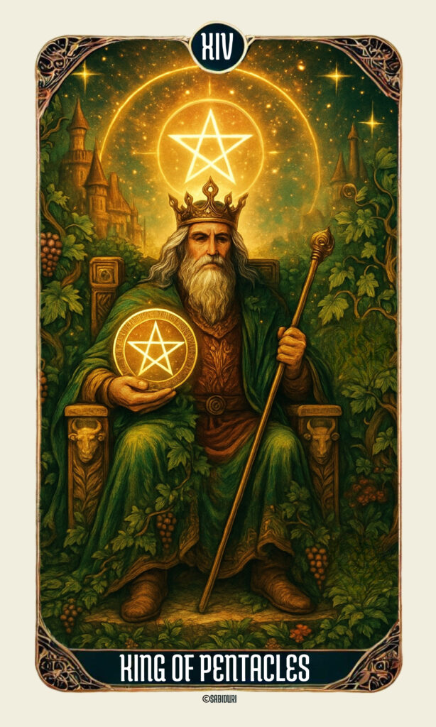 Tarot King of Pentacles - Minor Arcana Tarot Card Meanings A detailed illustration of the King of Pentacles tarot card meaning, depicting a mature king seated on a throne holding a glowing pentacle, symbolizing prosperity, leadership, and mastery of the material world.