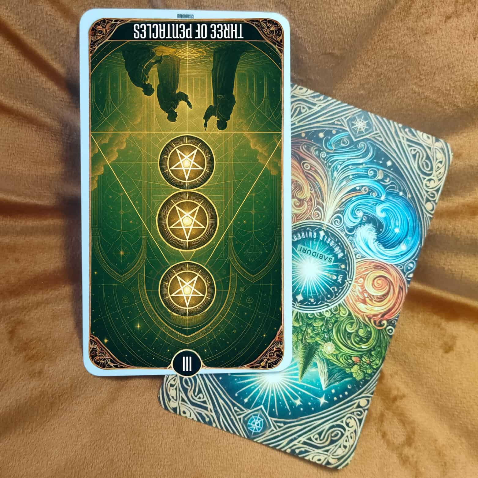 Three of Pentacles Tarot Card Meaning - Minor Arcana Tarot Card Meanings Reversed Three of Pentacles tarot card meaning illustrated with three glowing pentacles and two figures standing beneath an inverted cathedral arch.