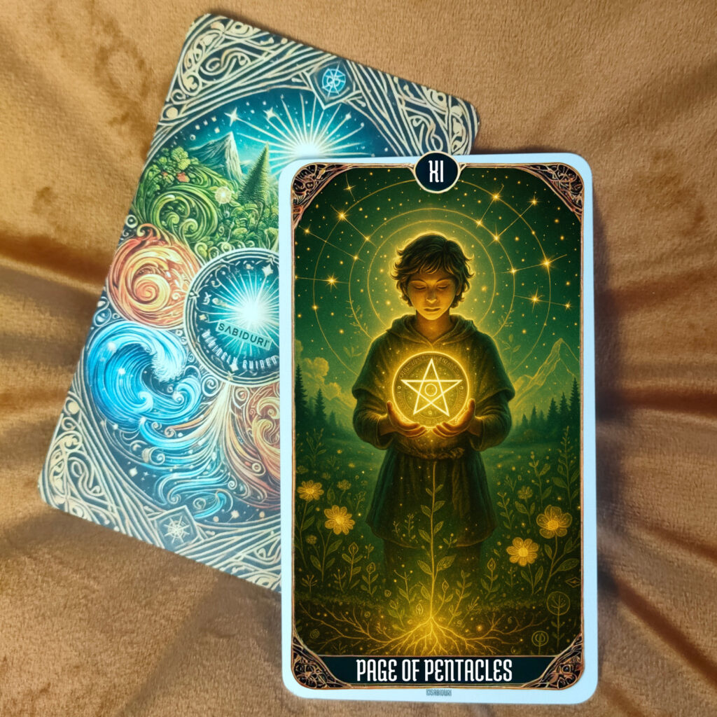 Upright Page of Pentacles tarot card meaning with a youthful figure holding a golden pentacle under glowing stars, representing manifestation, learning, and grounded beginnings.