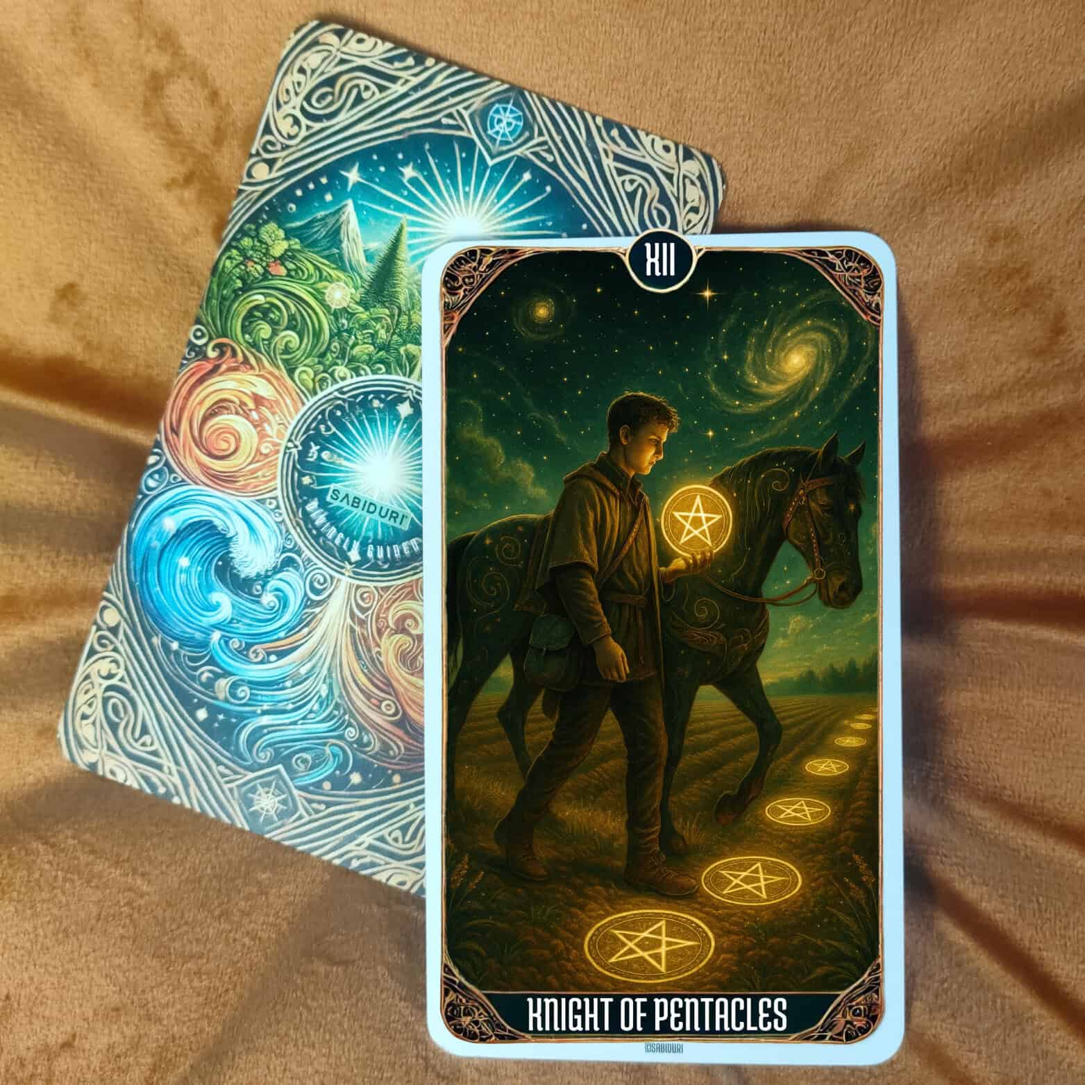 Knight of Pentacles Tarot Meaning - Minor Arcana Tarot Card Meanings Knight of Pentacles tarot card meaning — a calm knight walks beside his horse at night, holding a glowing pentacle as golden stars illuminate the field, representing patience, discipline, and grounded progress.