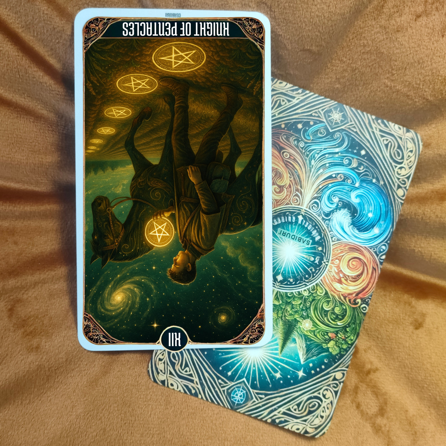 Knight of Pentacles Tarot Meaning - Minor Arcana Tarot Card Meanings Reversed Knight of Pentacles tarot card meaning — a young knight stands beside a horse under a starry sky, holding a glowing pentacle upside down, symbolizing stagnation and lost motivation.