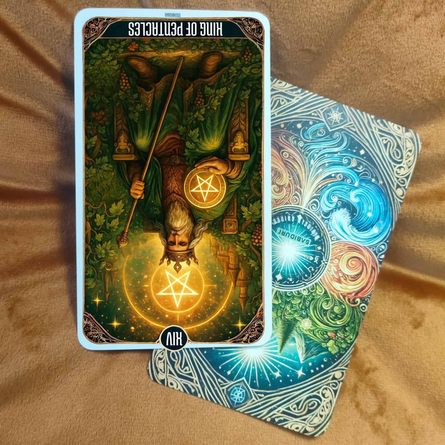 Tarot King of Pentacles - Minor Arcana Tarot Card Meanings The King of Pentacles tarot card reversed, showing a regal king upside down holding a golden pentacle and scepter, symbolizing imbalance and control issues in the King of Pentacles tarot card meaning.