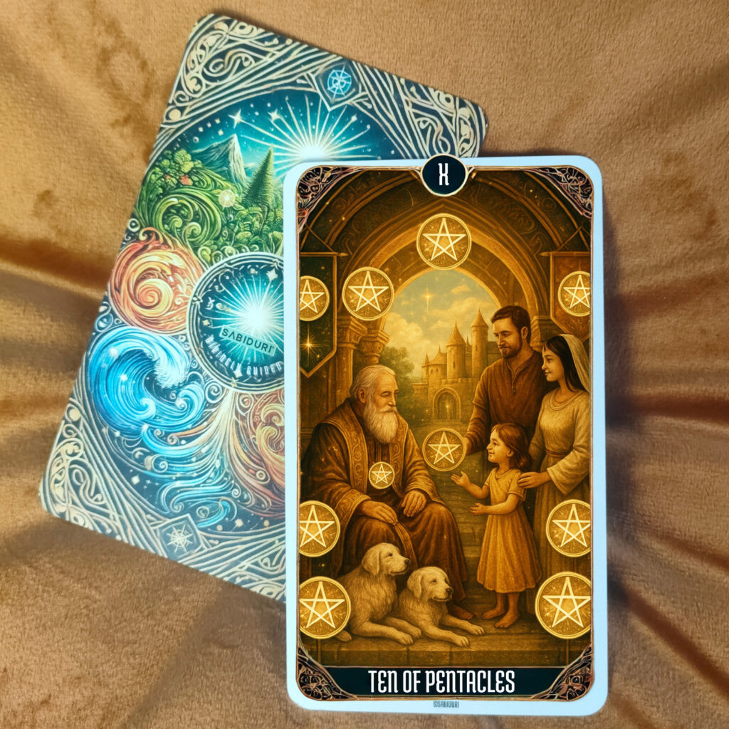 Ten of Pentacles tarot card meaning upright — a warm family gathered under an archway, symbolizing abundance, legacy, and emotional and financial fulfillment.