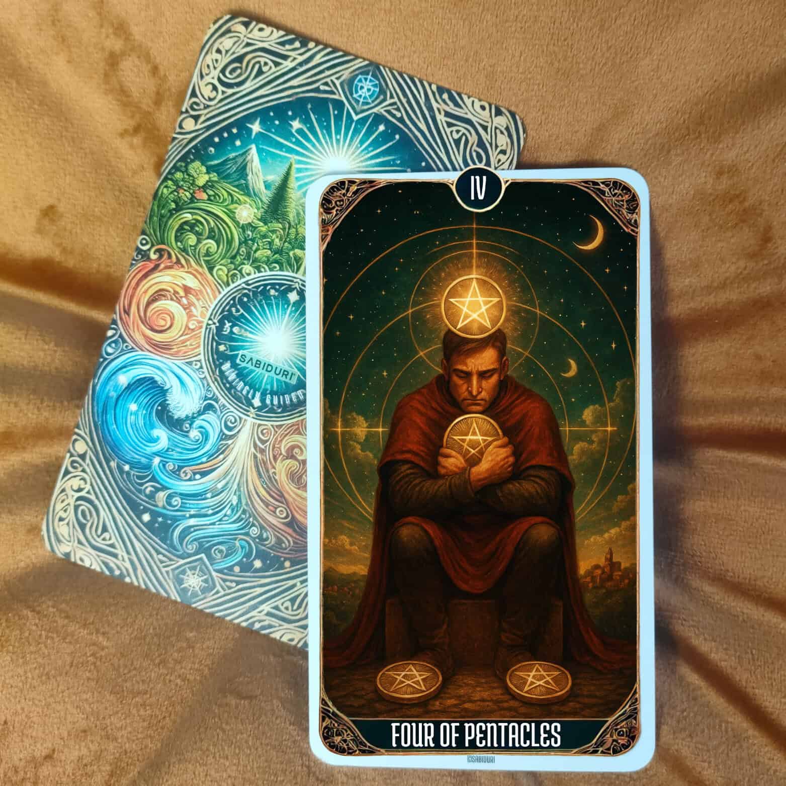Four of Pentacles tarot card meaning upright — a man holds a coin tightly to his heart, representing stability, security, and the fear of losing what he values.
