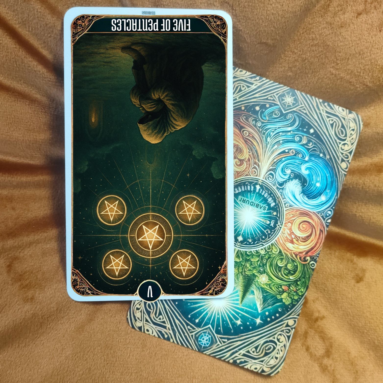 The reversed Five of Pentacles tarot card meaning shows the same cloaked figure turned upside down, symbolizing recovery, renewed faith, and finding light after hardship.