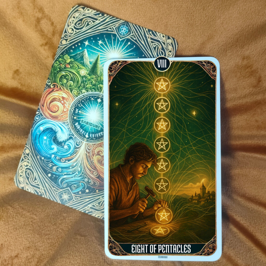 The Eight of Pentacles tarot card meaning shown through a craftsman carving golden pentacles, symbolizing mastery, focus, and devotion to purpose.