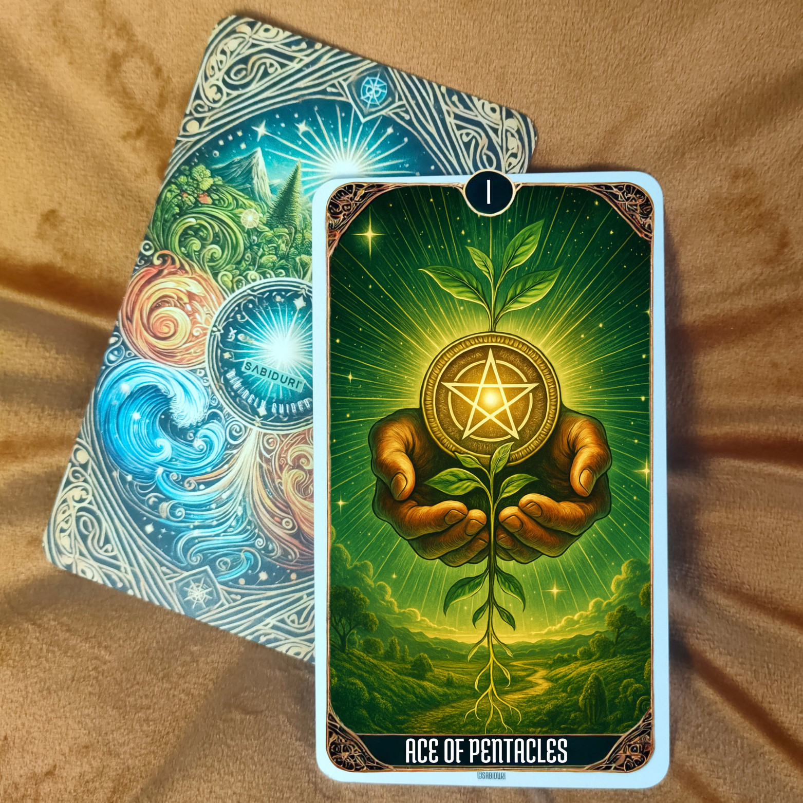 Ace of Pentacles tarot card meaning depicted with hands offering a glowing coin and sprouting plant, representing new beginnings, prosperity, and divine opportunity.