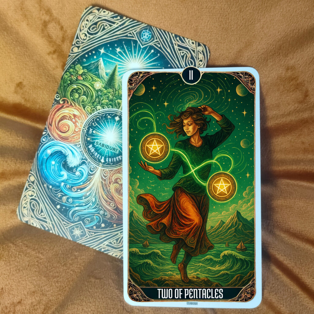 Upright Two of Pentacles tarot card meaning with a dancing figure balancing two golden pentacles linked by an infinity symbol, representing adaptability and harmony amid change.