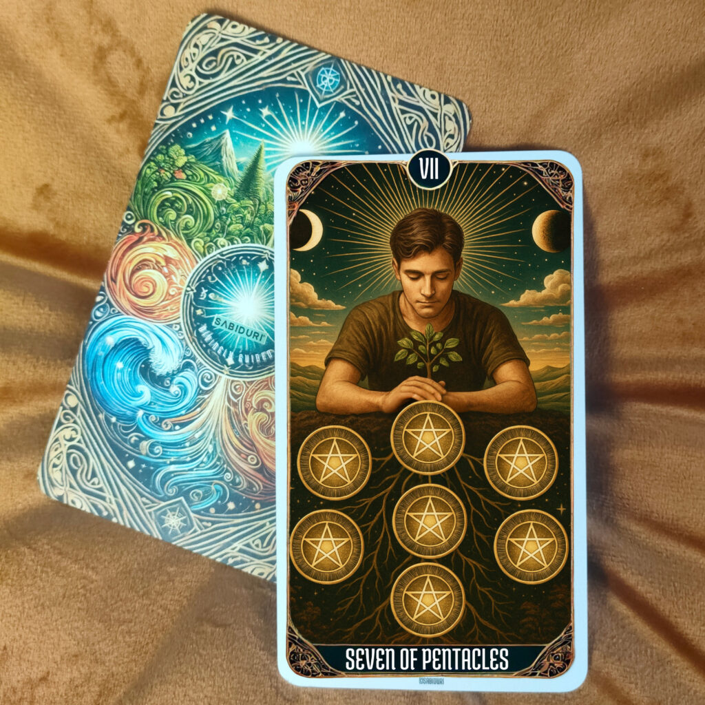 Seven of Pentacles tarot card upright, with a man gently tending a small plant and seven pentacles hovering above, representing reflection, evaluation, and the slow rewards of consistent effort.