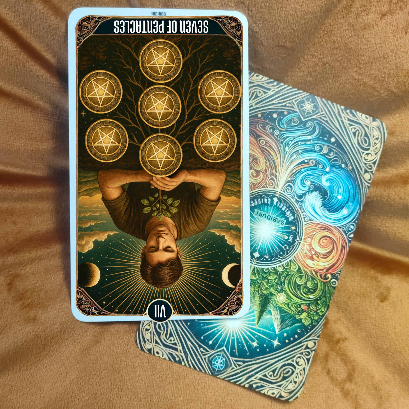Seven of Pentacles Tarot Card Meaning - Minor Arcana Tarot Card Meanings Seven of Pentacles tarot card showing a young man pausing in his garden, reflecting on the seven pentacles growing before him, symbolizing patience, effort, and long-term growth.