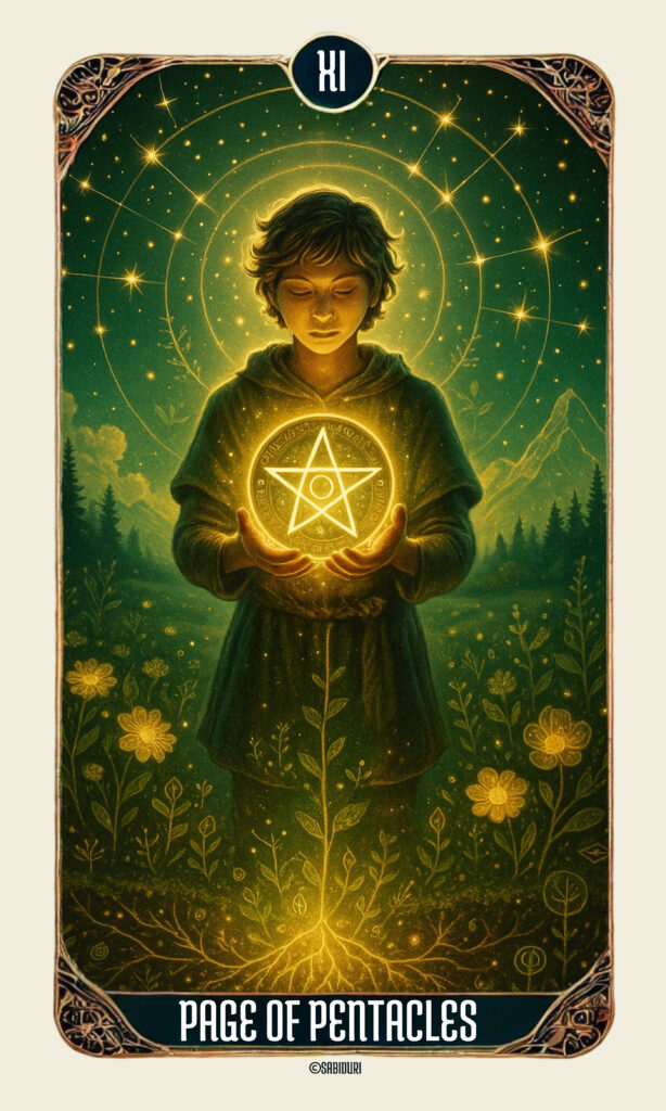 Detailed artwork of the Page of Pentacles tarot card meaning featuring a young student of Earth energy holding a luminous pentacle surrounded by nature and stars.