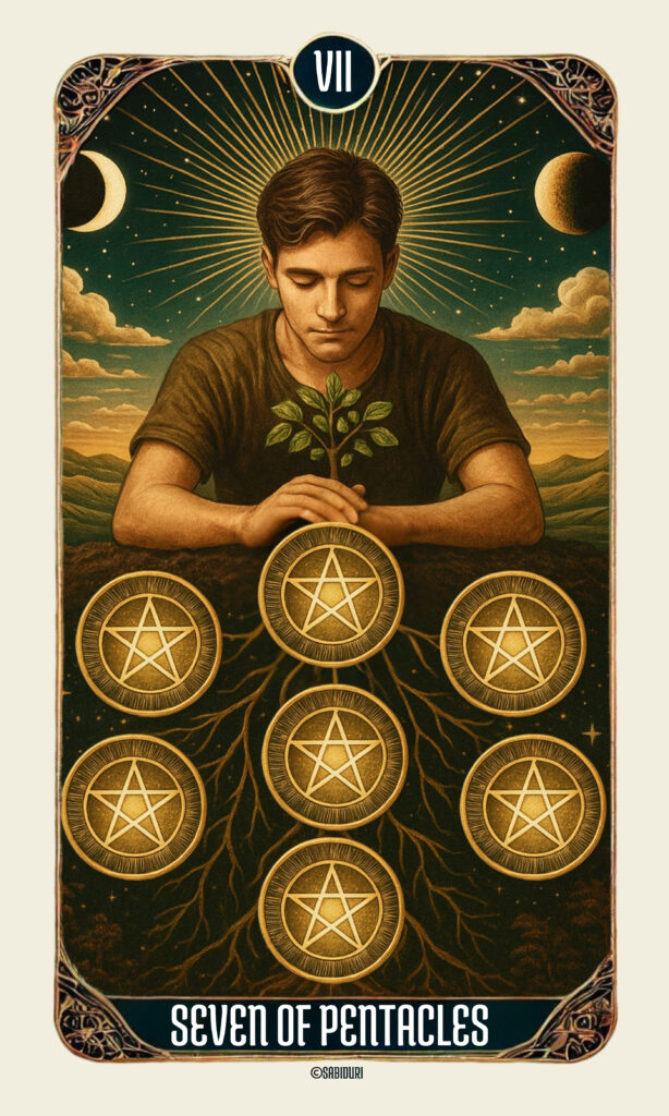 Seven of Pentacles Tarot Card Meaning - Minor Arcana Tarot Card Meanings Detailed view of the Seven of Pentacles tarot card from the Sabiduri deck, showing a young man focused on his garden with seven pentacles above, illustrating patience, reflection, and the process of growth.