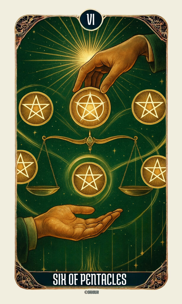 Six of Pentacles Tarot Card Meaning - Minor Arcana Tarot Card Meanings Six of Pentacles tarot card illustrating giving, receiving, and balanced flow of resources.