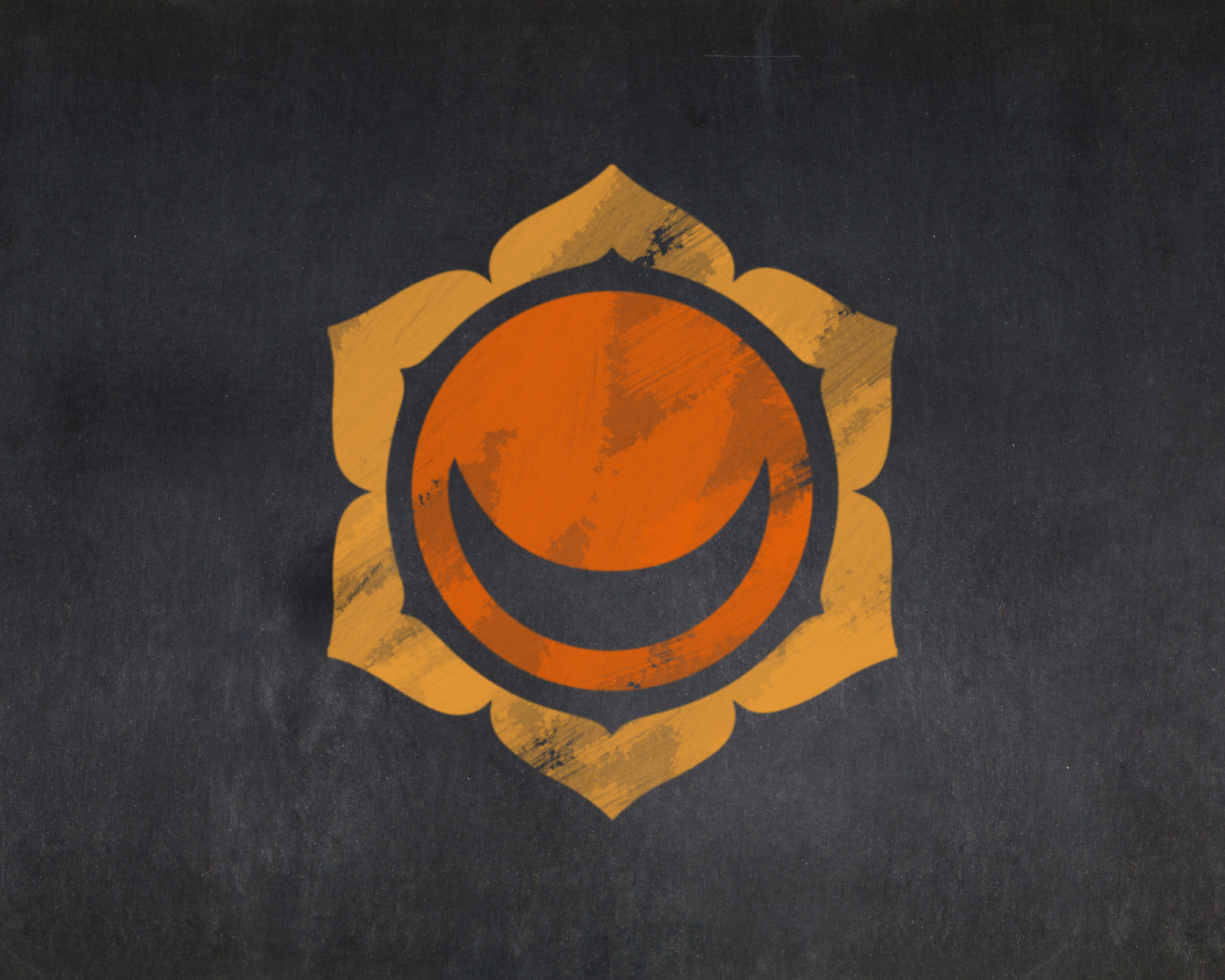 Artistic illustration of the orange sacral chakra symbol on a dark textured background.