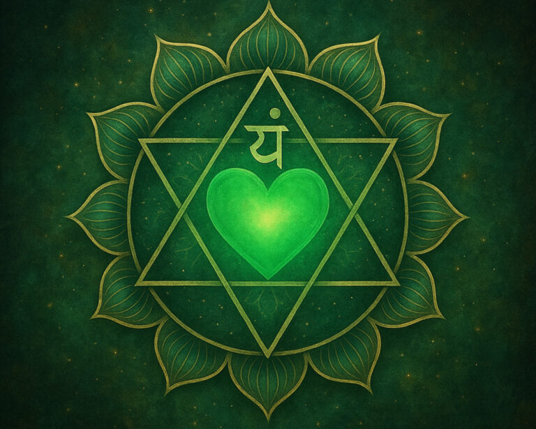 Green Anahata Chakra symbol featuring a twelve-petaled lotus and interlocking triangles surrounding a glowing heart.