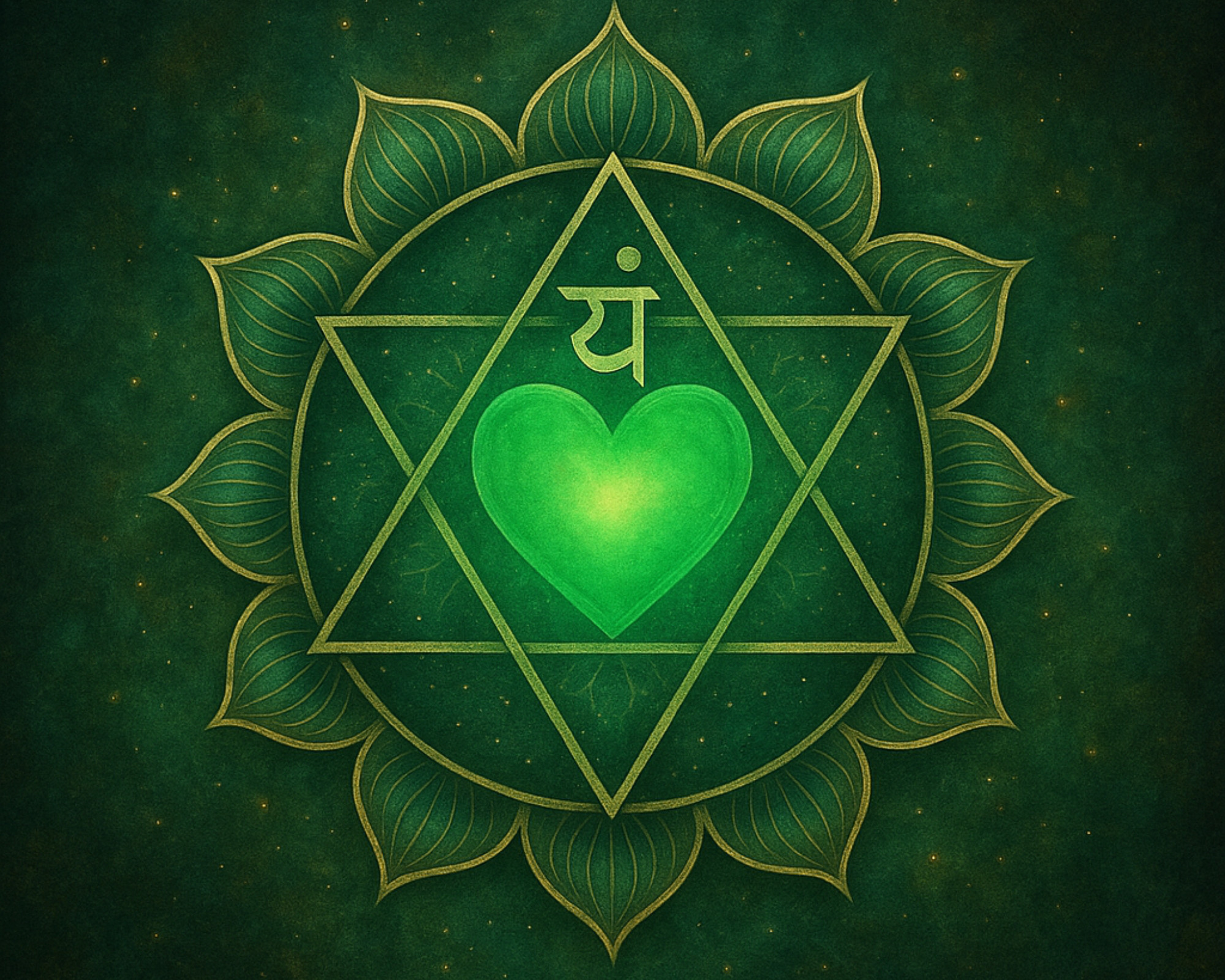 Green Anahata Chakra symbol featuring a twelve-petaled lotus and interlocking triangles surrounding a glowing heart.