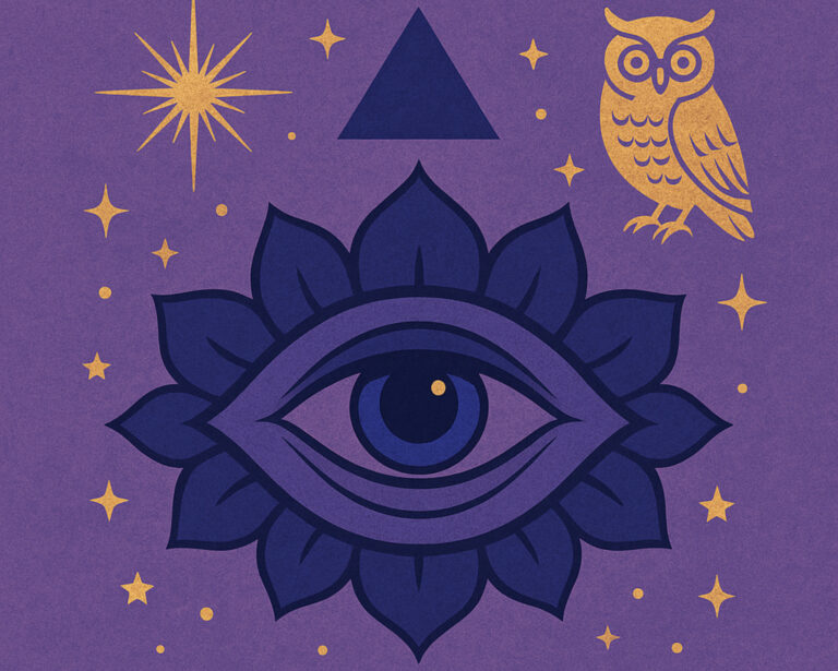 Illustrated Third Eye symbol surrounded by stars, an owl, and sacred geometry, representing intuition, inner wisdom, and Ajna chakra energy.