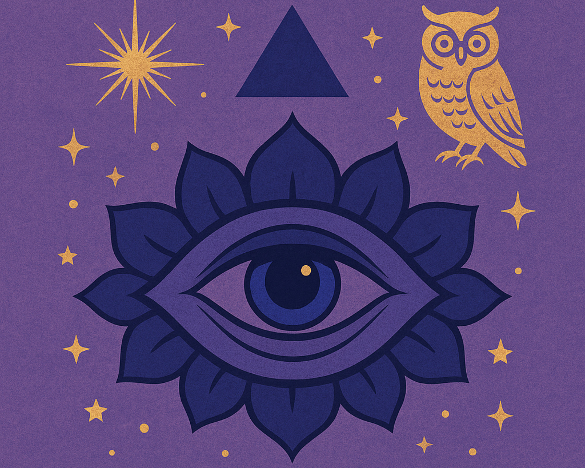Illustrated Third Eye symbol surrounded by stars, an owl, and sacred geometry, representing intuition, inner wisdom, and Ajna chakra energy.