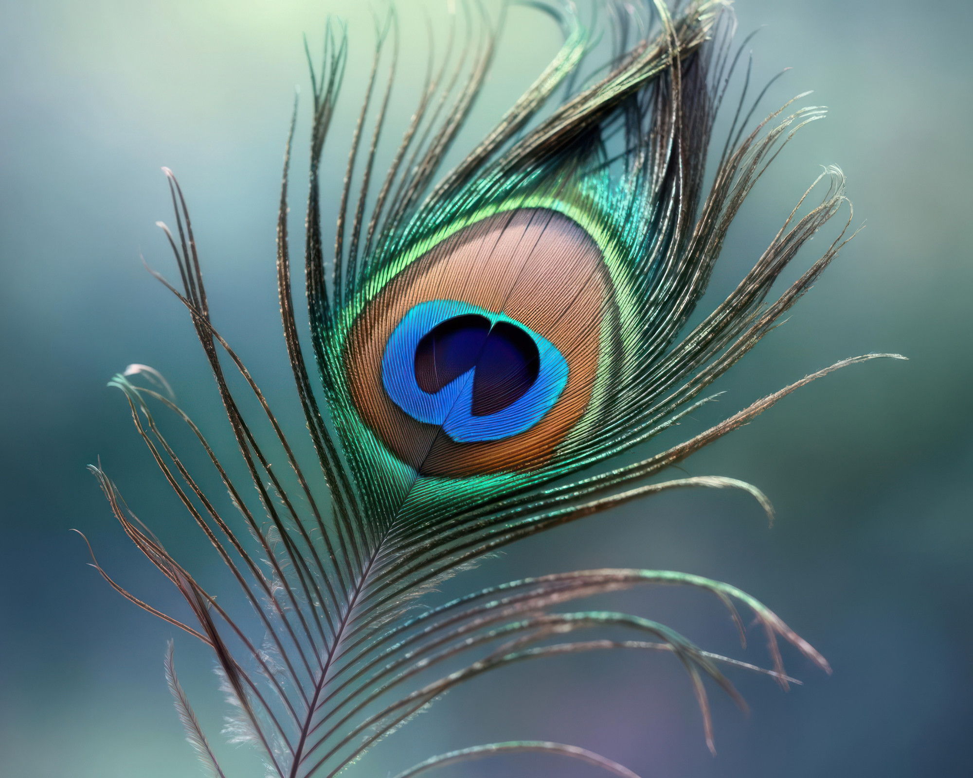Close-up of a vibrant peacock feather in blue, green, and gold tones, symbolizing intuition, inner vision, and Third Eye Chakra energy.